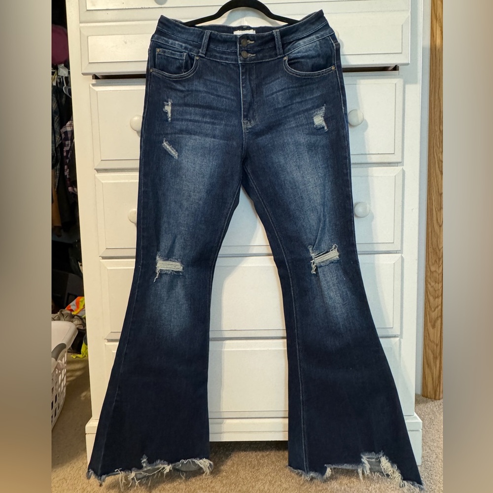 Petra 153 double button medium wash, stretch, distressed flare jeans Size 13/30